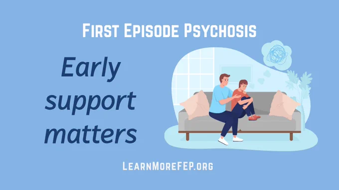Illustration of a supportive moment between a child and an adult with a message promoting the importance of early support for first episode psychosis.