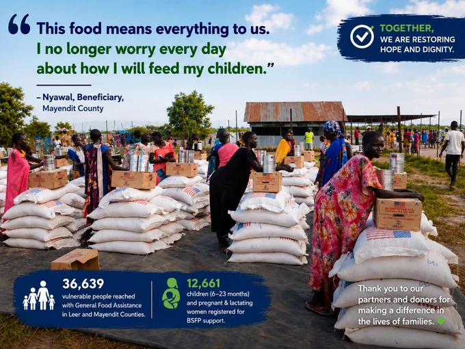 🌾 General Food Distribution 

Hope Restoration SOUTH SUDAN, with support from the World Food Programme and in collaboration with Mercy Corps, continues to provide life-saving food assistance to vulnerable households in #Leer and #Mayendit Counties of Unity State.

In May 2026, food distributions were successfully completed in Leer Town, #Padeah, and #Dindin, reaching over 27,989 beneficiaries, while ongoing distributions in #Thaker and #Dablual reached an additional 8,650 beneficiaries.

The distributions are helping families cope with food shortages during the lean season by providing essential food commodities, including cereals, pulses, vegetable oil, and salt. Throughout the exercise, Hope Restoration SOUTH SUDAN ensured protection, accountability, and prioritization of vulnerable groups, including pregnant women, lactating mothers, elderly persons, and persons living with disabilities.

Together, we are supporting communities to meet their immediate food needs and build resilienc
