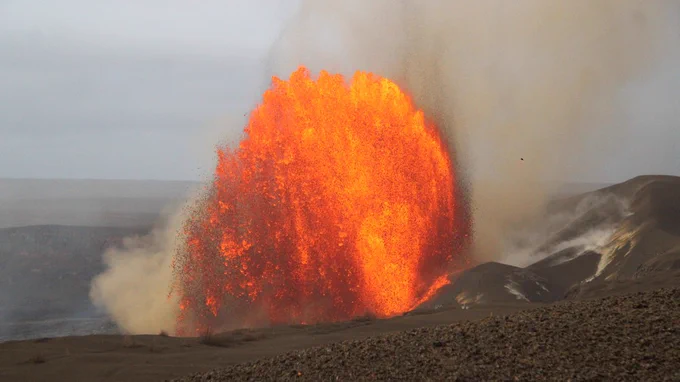 This photo of the Halemaʻumaʻu north vent lava fountain was captured shortly after sunrise on June 1, 2026, around the time that activity was peaking during Kīlauea summit eruption fountaining episode 48. (USGS photo by M. Zoeller)