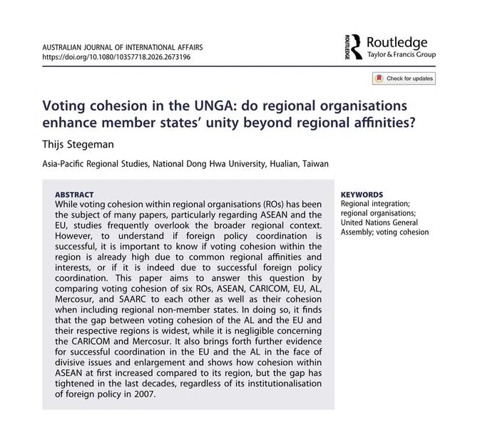 ABSTRACT
While voting cohesion within regional organisations (ROs) has been the subject of many papers, particularly regarding ASEAN and the EU, studies frequently overlook the broader regional context.
However, to understand if foreign policy coordination is successful, it is important to know if voting cohesion within the region is already high due to common regional affinities and interests, or if it is indeed due to successful foreign policy coordination. This paper aims to answer this question by comparing voting cohesion of six ROs, ASEAN, CARICOM, EU, AL, Mercosur, and SAARC to each other as well as their cohesion when including regional non-member states. In doing so, it finds that the gap between voting cohesion of the AL and the EU and their respective regions is widest, while it is negligible concerning the CARICOM and Mercosur. It also brings forth further evidence for successful coordination in the EU and the AL in the face of divisive issues and enlargement and shows how 