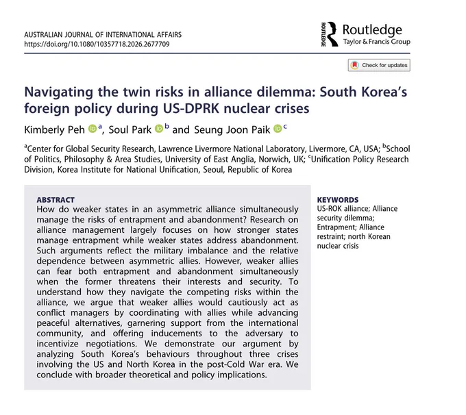 ABSTRACT
How do weaker states in an asymmetric alliance simultaneously manage the risks of entrapment and abandonment? Research on alliance management largely focuses on how stronger states manage entrapment while weaker states address abandonment.
Such arguments reflect the military imbalance and the relative dependence between asymmetric allies. However, weaker allies can fear both entrapment and abandonment simultaneously when the former threatens their interests and security. To understand how they navigate the competing risks within the alliance, we argue that weaker allies would cautiously act as conflict managers by coordinating with allies while advancing peaceful alternatives, garnering support from the international community, and offering inducements to the adversary to incentivize negotiations. We demonstrate our argument by analyzing South Korea's behaviours throughout three crises involving the US and North Korea in the post-Cold War era. We conclude with broader theoreti