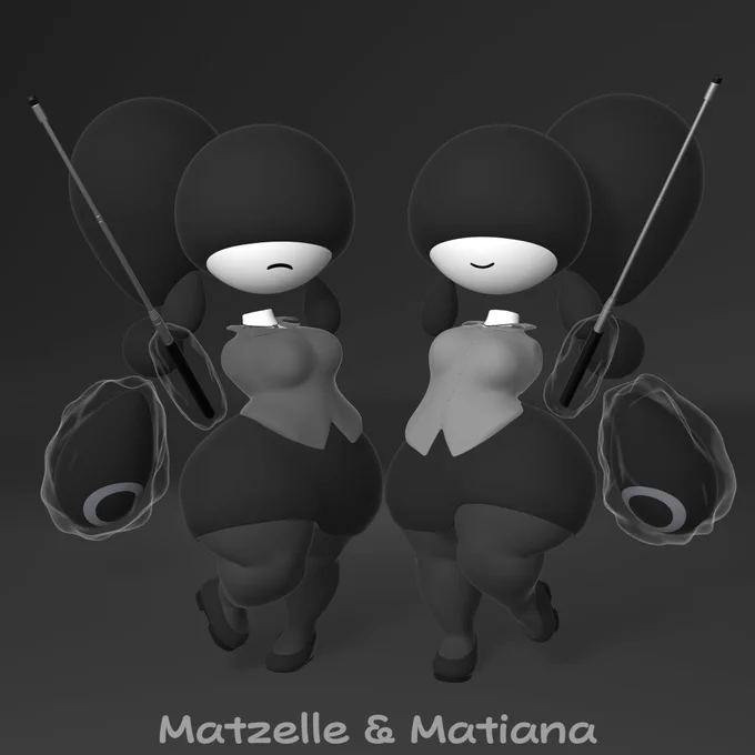 Matra species members named Matzelle and Matiana. The artist drew up the design for these after I mentioned wanting to have a teacher Matra, but not being sure how to tackle the look. The original idea was to just have only one, but since Matras with only one node (the part with the "O" pattern on it) are twins, I suggested adding the twin with the darker shirt. Creating the twin was as easy as just duplicating the entire model and giving her a differently textured shirt. They both teach together at a Matraling school.