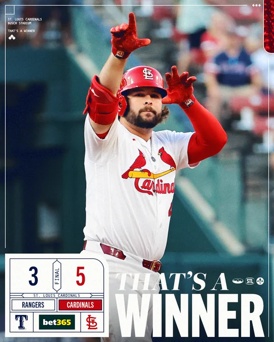 Final Score graphic for the Cardinals 5-3 win over the Rangers on June 3rd. Alec Burleson is pictured celebrating a base hit with the text "THAT'S A WINNER"