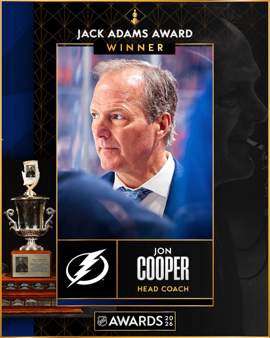 Photo of Jon Cooper next to the Jack Adams trophy and text that reads, \"Jack Adams Award winner - Jon Cooper, Tampa Bay Lightning head coach\".