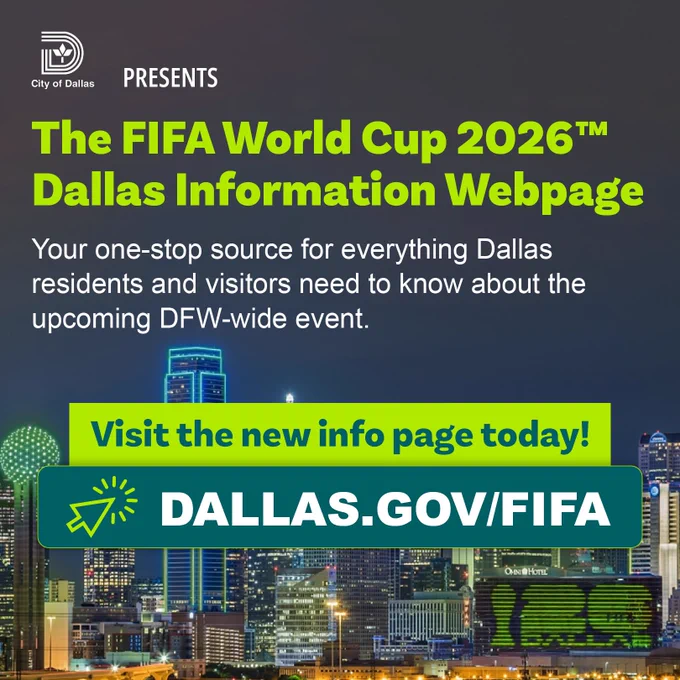 Nighttime Dallas skyline with bright text promoting the FIFA World Cup 2026 Dallas information webpage and a call to visit dallas.gov/fifa, the one-stop source for everything Dallas residents and visitors need to know about the upcoming DFW-wide event.