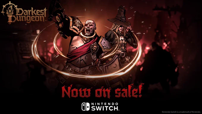 The Man-at-Arms shouts while swinging his mace. The Grave Robber stands beside him, tipping the rim of her large brown hat further over her eyes. The image reads 'Now on sale! Nintendo Switch'