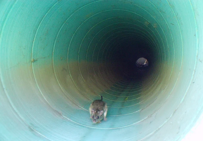 Mouse running through culvert during the day