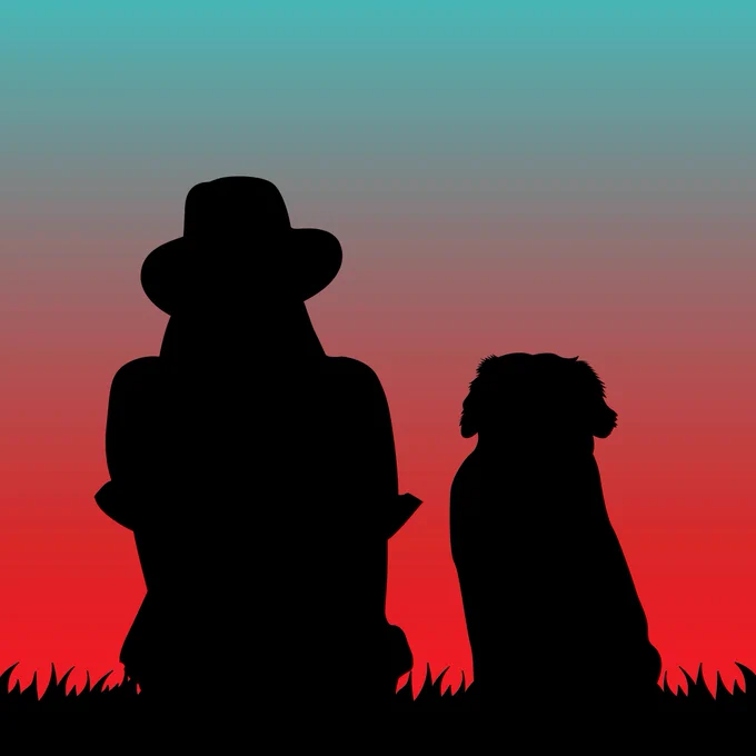 An illustration of a person and their dog watching the sunset.
