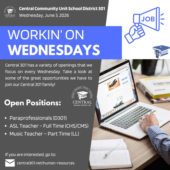 Central 301 announces job openings every Wednesday including paraprofessionals, ASL, and music teachers with application details.