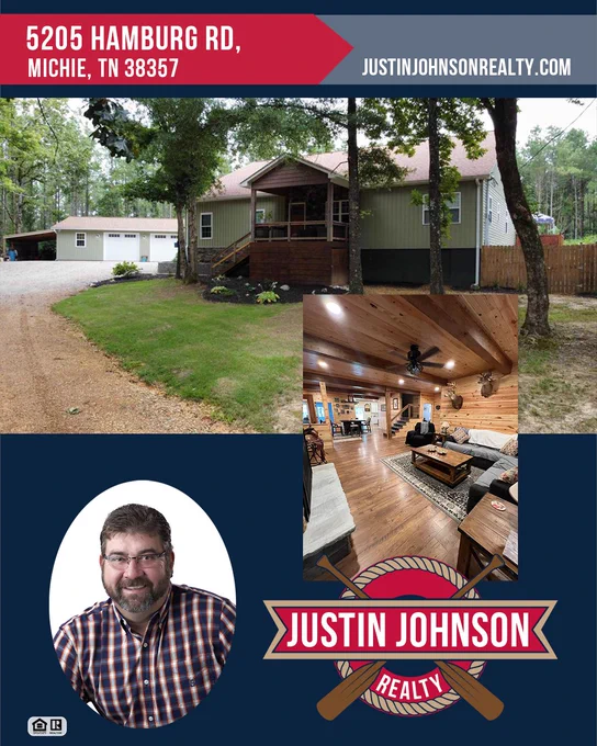 A real estate advertisement featuring a house for sale at 5205 Hamburg Rd, Michie, TN. The image includes exterior views, an interior room with wood paneling, and a portrait of a realtor.