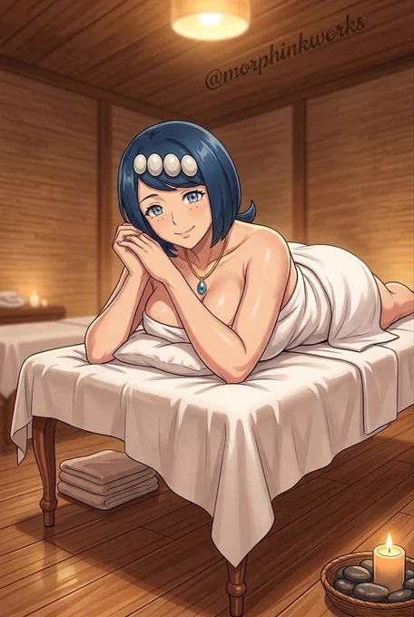 Lana's mother, the famous blue-haired anime beauty with white ornaments and turquoise necklace, lying gracefully on a massage table wrapped in a white towel. She rests her chin on her hands with a soft smile in a cozy wooden spa room lit by warm candles. Serene wellness vibe. @morphinkworks