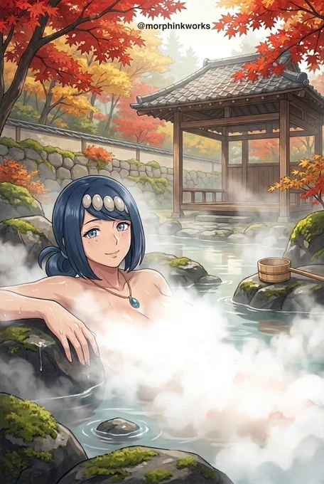 Lana's mother, the iconic blue-haired anime woman with white head ornaments and turquoise pendant, relaxing with a gentle smile in a steaming outdoor hot spring. She leans on a mossy rock surrounded by vibrant red autumn maple leaves, traditional Japanese pavilion, and soft mist. Warm, peaceful autumn onsen atmosphere. @morphinkworks