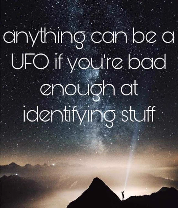Photograph of a person standing on a hilltop, shining a flashlight up into the sky. The sky is full of stars and the band of the Milky Way over the hill tops. Text: anything can be a UFO if you're bad enough at identifying stuff