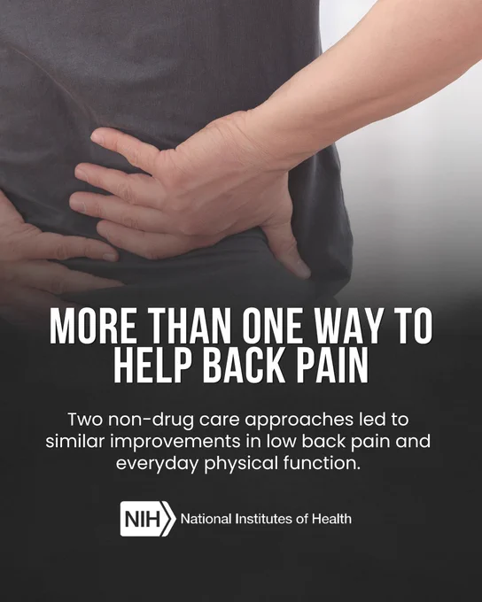 Person holding their lower back, accompanied by text about non-drug approaches for improving low back pain and physical function. NIH logo and "National Institutes of Health" text are present.