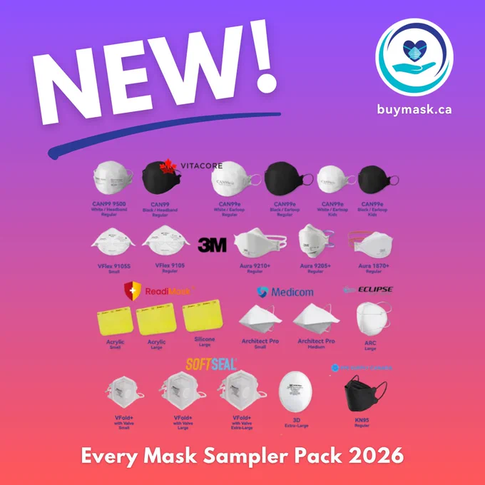 Image of all respirator masks part of the Every Mask Sampler Pack 2026: 
3M Aura 1870 
3M Aura 9205 
3M Aura 9210 
3M VFlex 9105S - Small
3M VFlex 9105 - Regular
Eclipse Arc - Large
Medicom SafeMask Architect Pro - Small
Medicom SafeMask Architect Pro - Medium
PPE Supply Adult KN95 Black
ReadiMask Acrylic - Small
ReadiMask Acrylic - Large
ReadiMask Silicone - Large
SoftSeal 3D - Extra-Large
SoftSeal VFold  (with Valve) - Small
SoftSeal VFold  (with Valve) - Large
SoftSeal VFold  (with Valve) - Extra-Large
Vitacore CAN99 9500 White (headband)
Vitacore CAN99 Black (headband)
Vitacore CAN99e Adult White (earloop)
Vitacore CAN99e Adult Black (earloop)
Vitacore CAN99e Kids White (earloop)
Vitacore CAN99e Kids Black (earloop)