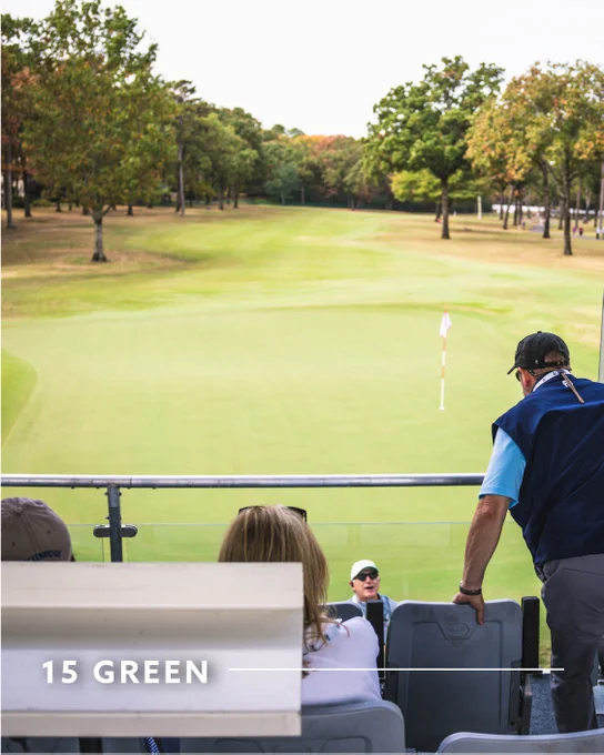 A group of spectators sits in a viewing area overlooking the 15th green of a golf course. The green is surrounded by trees with autumn foliage.