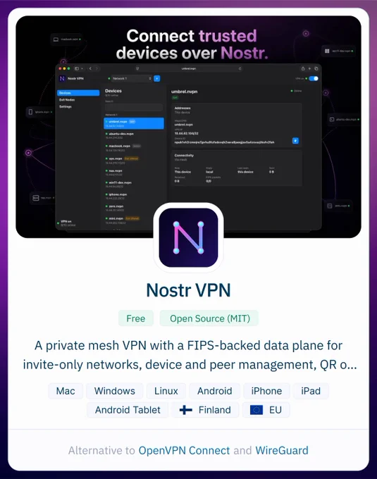 Nostr VPN interface displays a list of devices and settings for a private mesh VPN with various platform compatibility options.