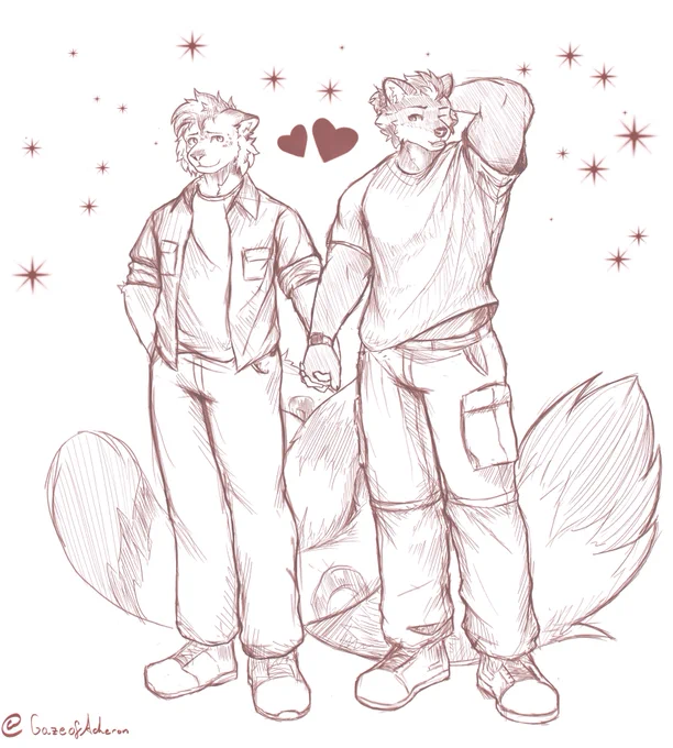 Two gay idiots being awkwardly homosexual in a white void with stars. They are dating.
