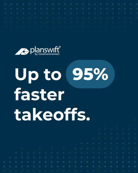 A digital graphic featuring the PlanSwift by ConstructConnect logo. The text states, "Up to 95% faster takeoffs," on a dark blue background with a pattern of lighter blue dots.