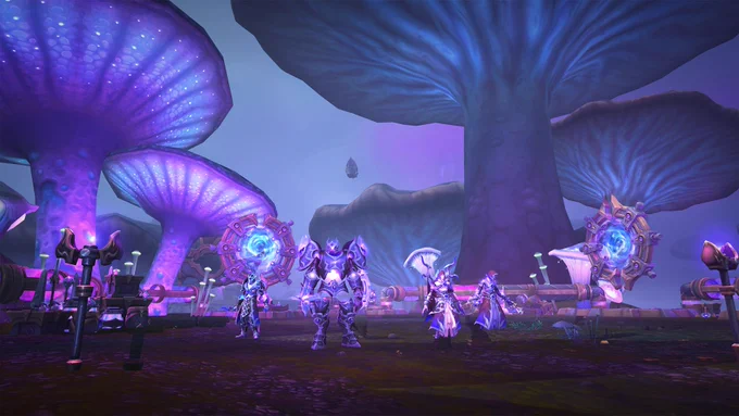 In the center of the image, there are four ethereal beings wearing purple armor with various shades of pink, with glowing energy that makes up their life form. \n\nIn the background, there are purple and pink mushroom trees looming high above the dark soil ground, while ethereal machinery is set up. 