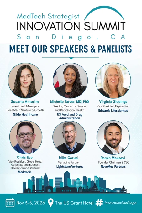 The conversations shaping #medtech's future start here. Meet leaders from @US_FDA, @Medtronic, @EdwardsLifesci, @GildeHealthcare, @LightstoneVC,  and @NovoMedPartners at #InnovationSanDiego, Nov. 3-5, 2026: https://bit.ly/4fZrUd2