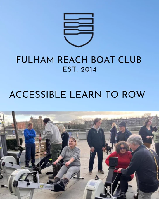 Fulham Reach Boat Club Est 2014. Accessible learn to row. An image of people using the rowing machines at Fulham Reach. 