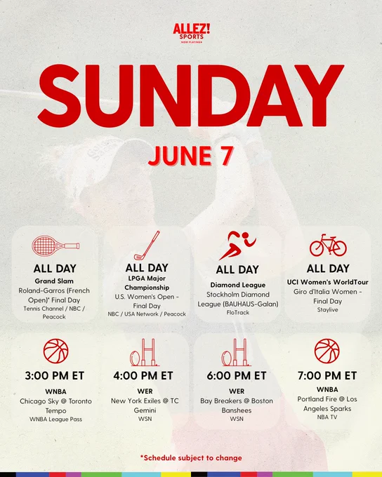 Sunday June 7 women's sports schedule. Roland-Garros Final, LPGA U.S. Women's Open Final Day, Diamond League Stockholm, UCI Giro d'Italia Women Final Stage, WNBA Sky at Tempo and Fire at Sparks, WER New York Exiles at TC Gemini and Bay Breakers at Boston Banshees. Schedule subject to change.
