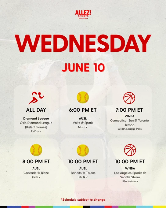 Wednesday June 10 women's sports schedule. Diamond League Oslo (Bislett Games), AUSL Volts at Spark and Cascade at Blaze and Bandits at Talons, WNBA Sun at Tempo and Sparks at Storm. Schedule subject to change.