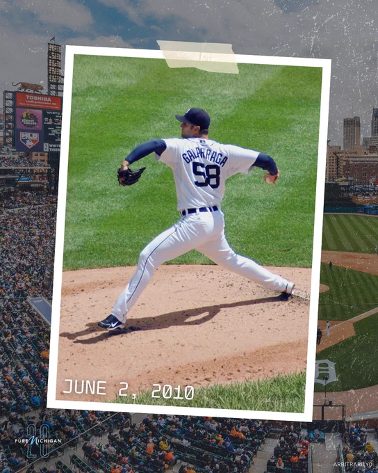 Detroit Tigers pitcher Armando Galarraga throwing during his near-perfect game at Comerica Park, shown in a photo-style graphic labeled June 2, 2010.