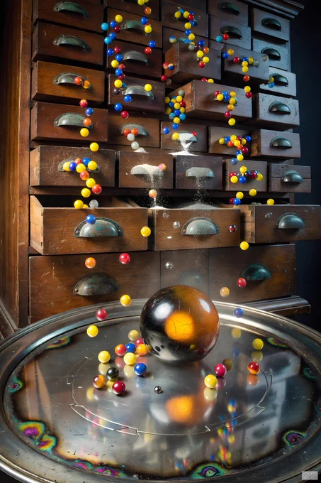 A large wooden cabinet with multiple small drawers, some of which are open. Colorful balls in red, yellow, blue, and orange are spilling out of the drawers. White powder is visible on some drawers. A large, reflective metal tray is positioned below the cabinet. A large, dark, spherical object with orange and yellow reflections sits on the tray, surrounded by more colorful balls. The tray has iridescent patterns along its edges.