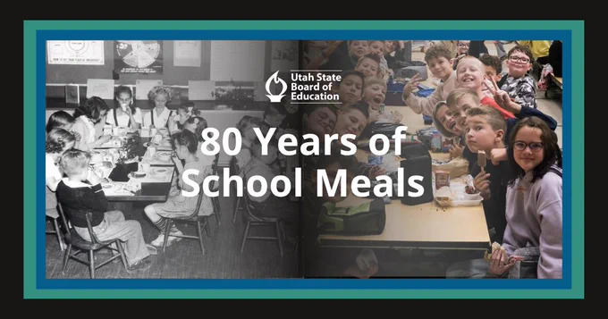 Utah State Board of Education 80 Years of School Meals. 
(Left) 1940s photo of students at Joaquin Elementary in Provo eating breakfast. Photo: Stuart Johnson, Deseret News
(Right) Students at Brookhaven Elementary School eating lunch. Photo: Alpine School District