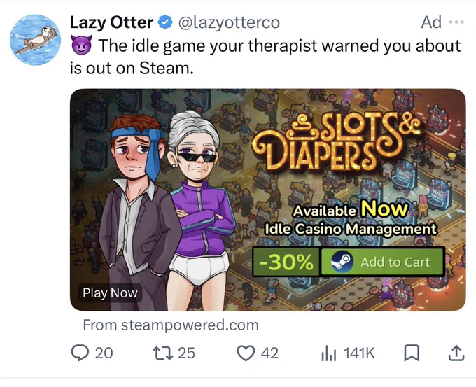 An ad for a game called “Slots & Diapers” that says it’s “The idle game your therapist warned you about”