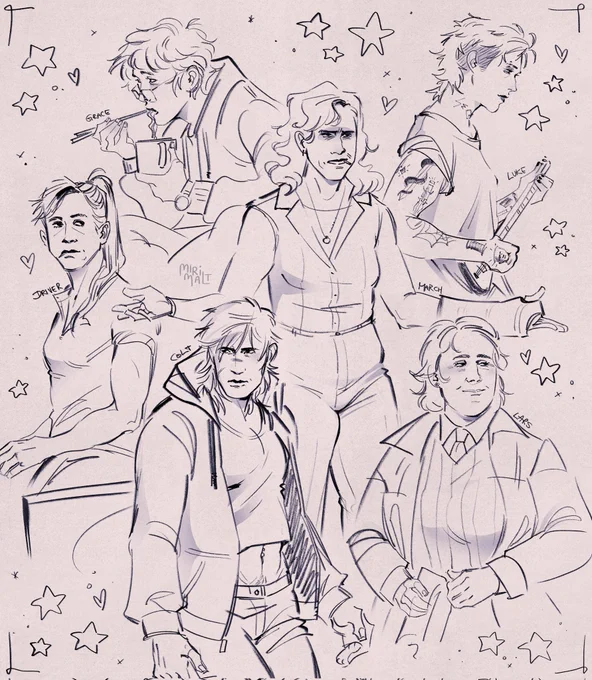 Digital sketches of the female version of Driver (Drive 2011), Colt Seavers (The Fall Guy), Lars Lindstrom (Lars and the real girl), Luke Glanton (The place beyond the pines), Holland March (The Nice Guys) and Ryland Grace (Project Hail Mary)