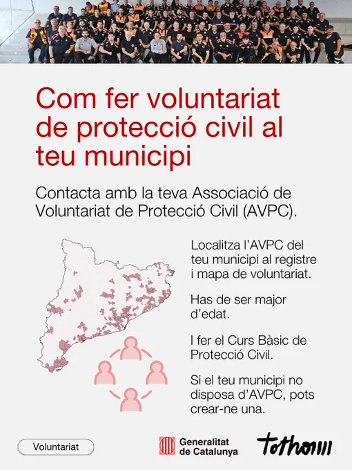 Com fer voluntariat de protecció civil al teu municipi

Contacta amb la teva Associació de Voluntariat de Protecció Civil (AVPC).

- Localitza l’AVPC del teu municipi al registre i mapa de voluntariat.
- Has de ser major d’edat.
- I fer el Curs Bàsic de Protecció Civil.
- Si el teu municipi no disposa d’AVPC, pots crear-ne una.