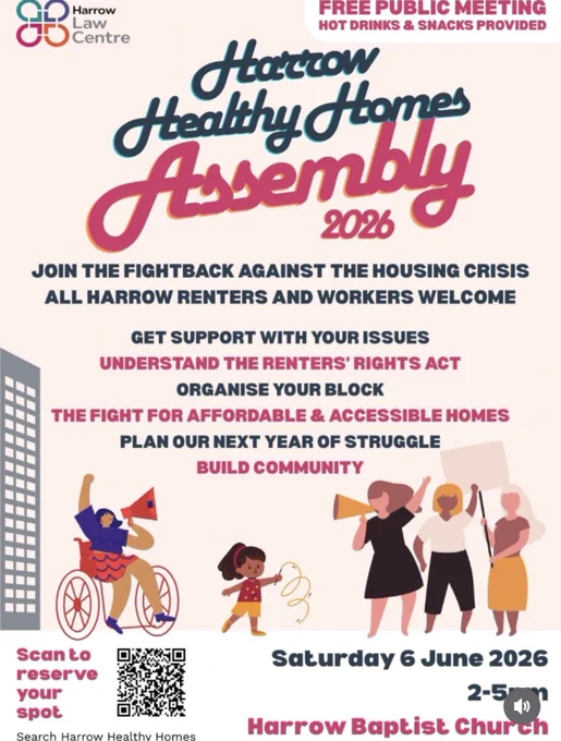 The Harrow Healthy Homes assembly poster displaying event information and graphics aimed at enhancing community health initiatives.
