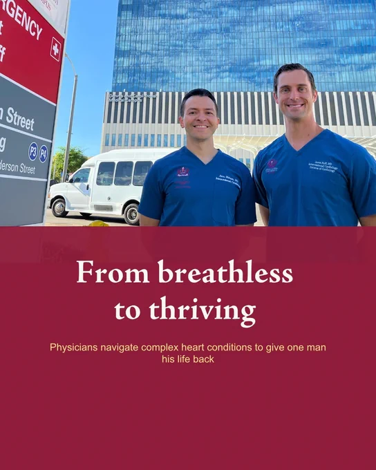 Two physicians in blue scrubs stand smiling outside a hospital, with an ambulance and modern building in the background. The title reads, "From breathless to thriving: Physicians navigate complex heart conditions to give one man his life back."