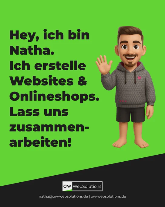 Hey, ich bin Natha, dein WordPress Freelancer. Ich erstelle Websites und Onlineshops. Lass uns zusammenarbeiten! (3D Avatar von Natha)