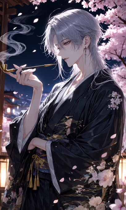 adult Japanese man, loosely worn kimono, holding a traditional kiseru pipe, enjoying night hanami beneath blooming cherry blossom trees, falling sakura petals, illuminated by paper lanterns, moonlit atmosphere, drifting smoke, traditional Japanese aesthetic, calm and contemplative mood, cinematic lighting, atmospheric shadows, detailed fabric textures, Japanese garden, depth of field, masterpiece, ultra detailed, photorealistic, high quality