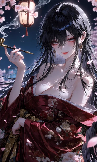 adult Japanese woman, loosely worn kimono, holding a traditional kiseru pipe, enjoying night hanami beneath blooming cherry blossom trees, falling sakura petals, illuminated by paper lanterns, moonlit atmosphere, drifting smoke, traditional Japanese aesthetic, calm and elegant mood, cinematic lighting, atmospheric shadows, detailed fabric textures, Japanese garden, depth of field, masterpiece, ultra detailed, photorealistic, high quality