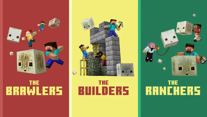 Still image featuring 3 different graphics with text: "The Brawlers, The Builders, The Ranchers"