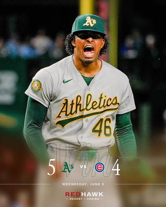 A graphic with the text “Win” and the final score A’s 5, Cubs 4. A picture of Luis Medina in the background.
