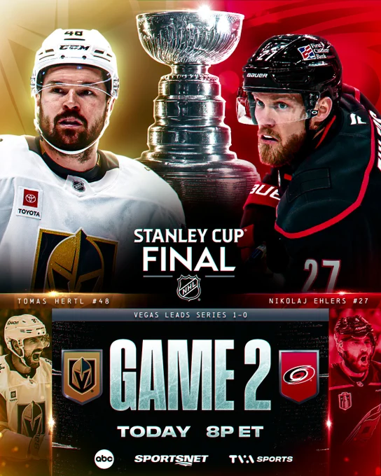 Multiple large cutouts of players in Golden Knights and Hurricanes uniforms between a cutout of the Stanley Cup. At the bottom reads \"VGK leads series 1-0. Game 2 Today 8p ET on ABC, Sportsnet, & TVA Sports.\"