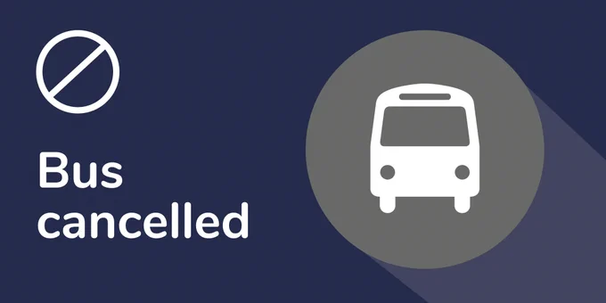 A navy background with 'Bus cancelled' in white text, with a white bus icon on a grey circle and a white 'no entry' icon.