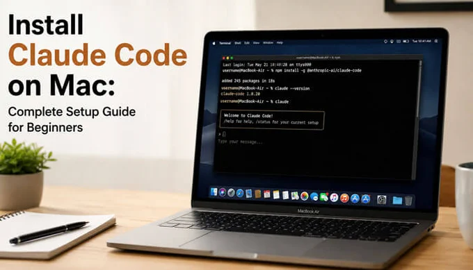 MacBook Air on desk showing Terminal with Claude Code installation commands and setup, titled 'Install Claude Code on Mac: Complete Setup Guide for Beginners.