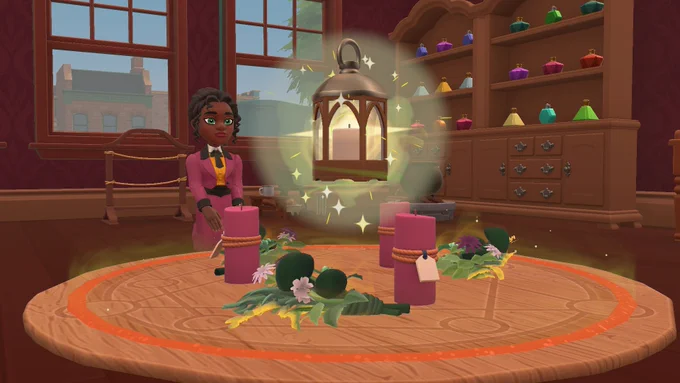 Vivian Wylde (she has dark brown skin, bright green eyes with black hair tied back, in a burgundy Edwardian inspired outfit) sits on her knees, at the side of a ritual circle decorated with ingredients like green herb bundles, and lit burgundy candles, with a sparkling magical lantern rising from the middle of the circle. The furnishings are lush and in warm brown wood, colours like red, gold, navy and beige, and old fashioned wooden storage unit filled with brightly coloured potions. Through the window you can see blue skies and an old fashioned building. This is an early screenshot from a game in development called Wylde Society, a prequel to Wylde Society.