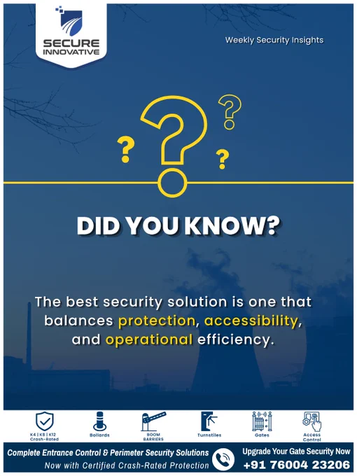 Did You Know? 🚧

The best security solution isn't just about stopping threats—it's about balancing security, accessibility, and operational efficiency.

📞  91 76004 23206
✉️ info@secure-india.com

🔗 secure-india.com/industries.html

#DidYouKnow #PerimeterSecurity #PhysicalSecurity #AccessControl #RoadBlockers #HostileVehicleMitigation #CriticalInfrastructureProtection #InfrastructureSecurity #SecuritySolutions #SecureInnovative

