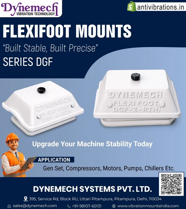 Dynemech FlexiFoot Mounts Series DGF designed for vibration isolation, machine levelling, and stability in industrial equipment such as compressors, pumps, motors, chillers, and generator sets.
