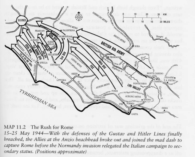 Map showing locations of sectors of the US Fifth Army and allies on the advance to Rome.