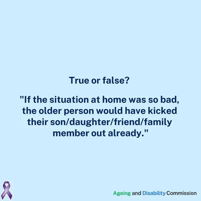 Light blue slides with text explaining that leaving abusive relationships involving family, friends or community members can be difficult, abuse can develop over time, and older people facing abuse need support and understanding, not judgement. 