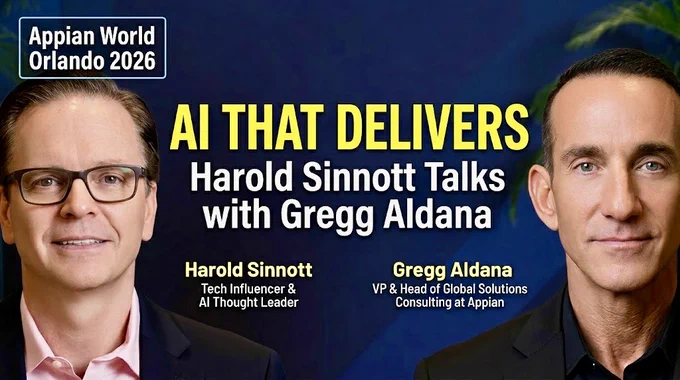 Alt Text: A YouTube thumbnail image featuring an interview layout. Two professional men are positioned on opposite sides of the frame using the rule of thirds. Harold Sinnott is on the left side, smiling slightly and wearing rectangular glasses, a light pink collared shirt, and a dark blazer. Gregg Aldana is on the right side, looking directly forward in a black collared shirt and black blazer. The center of the image features large typography: "AI THAT DELIVERS" in bold yellow uppercase letters, with the subtitle "Harold Sinnott Talks with Gregg Aldana" below it in white. Smaller text beneath identifies them as "Harold Sinnott, Tech Influencer & AI Thought Leader" and "Gregg Aldana, VP & Head of Global Solutions Consulting at Appian." A small blue-bordered box in the top-left corner reads "Appian World Orlando 2026." The background is a clean, dark corporate navy blue with subtle lighting depth and tropical foliage hints on the far right edge. 